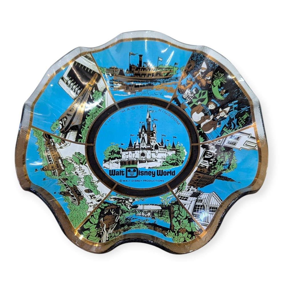 Vintage Walt Disney World Magic Kingdom Souvenir Glass Ruffled Bowl 7 Inch Blue